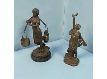 Two Bronze Finish Spelter Figures, Including 'Victory' And A Woman Carrying Water