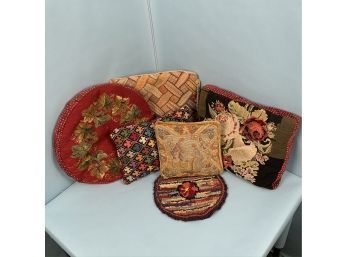 Lot Of Five Embroidered Throw Pillows And A Round Rag Rug Pad