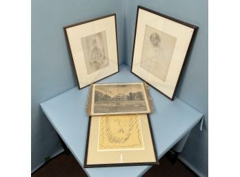 Two Signed Pencil Portraits, A Pencil Landscape And An Abstract Sketch