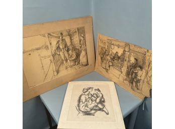 Lot Of 5 B&W Prints And Sketches