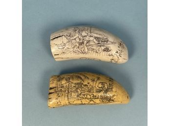 Two Faux Scrimshaw Whales Teeth And Other Carved Objects