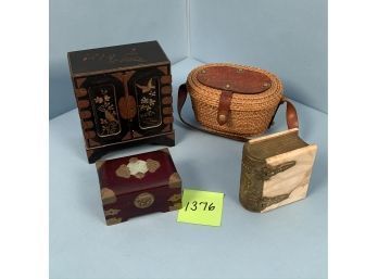 Japanese Lacquer Jewelry Box, Hardwood Jewelry Box, Woven Purse, Marble Book Form Trinket Box