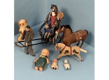 Old King Cole Composition Dog, 2 Hard Plastic Dolls, 2 Horses And A Chinese Richshaw W/ Figures