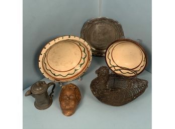 Hen Wire Basket, Two Earthenware Bowls, Pewter Syrup & Scalloped Plate & Putti Wall Plaque