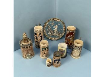 8 Steins Including 2 Presidential Examples & A Mettlach Collectors Plate By Villeroy & Boch