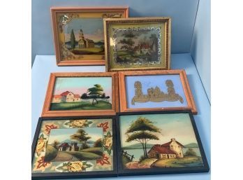 Lot Of Six Eglomise Reverse Painted Glass Tablets