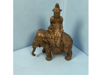 Bronze Finish Spelter Two-part Figure Depicting Buddha Sidesaddle Upon An Elephant