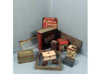 Tin Litho Lot W/  Advertising Tins, Dutches Trousers, Walch Signs, Nabisco Box Top, The Herold Tin, Etc.
