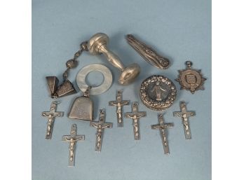 Lot Of Sterling Silver  Objects Including An Italian Repousse Pill Box, A Baby Rattle, 7 Crucifixes, Etc.