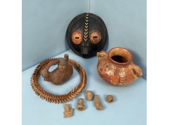 Two Painted Redware Vessels, Clay Artifacts, A Carved Mask And A Wooden Wreath