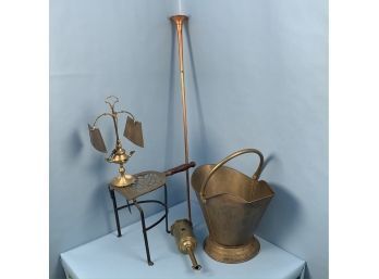 Brass Coal Hod, Roasting Jack, Footed Trivet, Grease Lamp And A Fox Hunting Horn