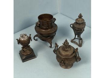 Asian Bronze Censer, Bronze Mounted Lighter And Two Urns