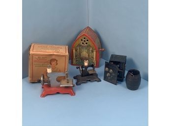 Little Princess Sewing Machine, Musical Tin Litho Cathedral,  A Toy Sewing Machine And Two Banks