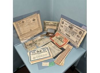 Lot Of Stock Certificates, Bearer Notes Including Confederate States Loan, Ohio & NJ Bank Notes & A Broadside