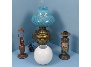Miller Brass Lamp With An Opalescent Blue Swirl Shade And 2 Other Table Lamps