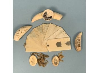 Lot Of Scrimshaw Decorated Teeth & Bone Objects