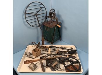 Lot Of Country Kitchenwares, A Tin Churn And A Rotating Cast Iron Trivet