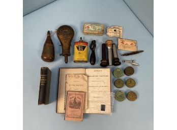 Lot Of Shooting Accessories Brass And Horn Shot Flasks, Hardee's Tactics Book, Mini Civil War Tintype, Etc.