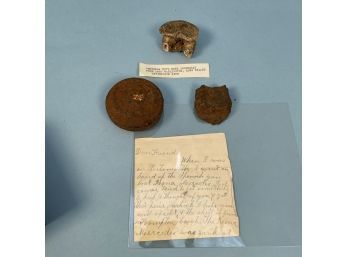 Relic Lot: A Vertebra W/ An Arrowhead Embedded And 2 Spanish American War Artifacts