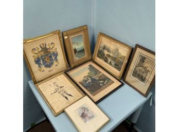 Lot Including 5 Works Of Art, A Family Crest And A Cut Paper Portrait