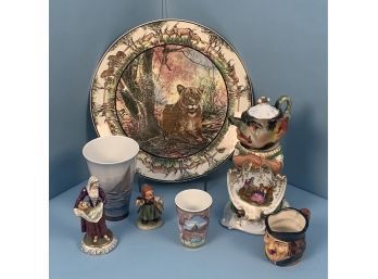 Royal Doulton: 'Lioness' Charger, B&G Sailing Theme Vase, French Figural Tea Pot & 4 Other Ceramic Objects