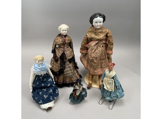 Five American & Continental Composition, Porcelain, & Biscuit Porcelain Dolls, Nineteenth & Twentieth Century
