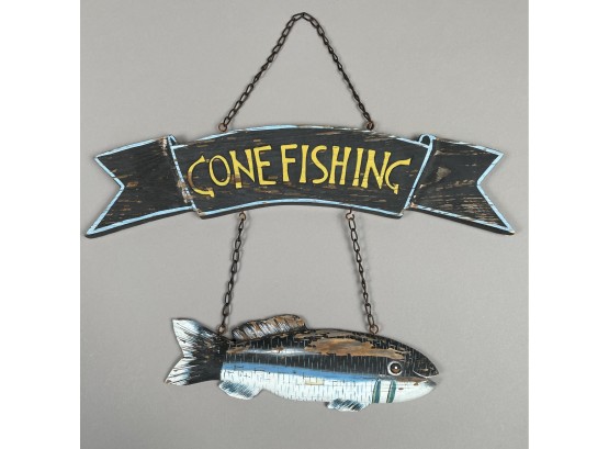 'GONE FISHING,' Painted Wood Hanging Sign, Twentieth Century