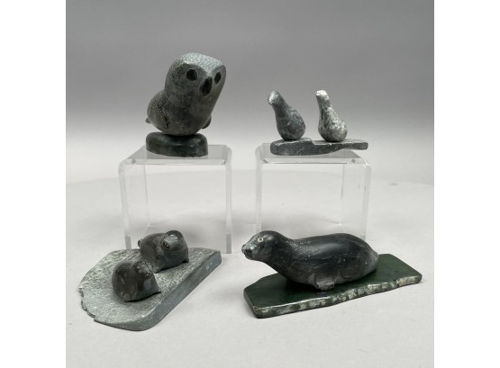 Four Inuit Carved Soapstone Animal And Bird Figures And Figural Groups, Twentieth Century