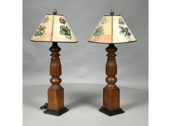 Pair Of Carved Wood Lamps Fitted With Paper Shades