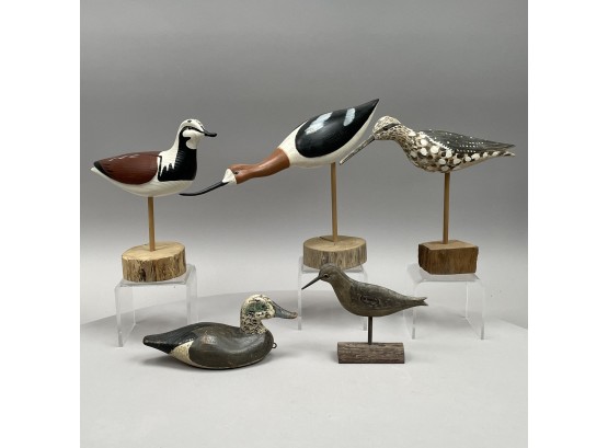 Four Carved And Painted Figures Of Shorebirds And A Miniature Duck Decoy, Various Carvers, Twentieth Century