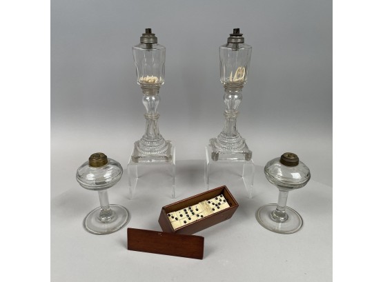 Two Pairs Of New England Blown-Molded And Pressed Colorless Glass Whale Oil Lamps, 1820-45