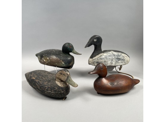 American Carved & Stained Pine Mallard Decoy, And Three Carved And Painted Wood Duck Decoys, Twentieth Century