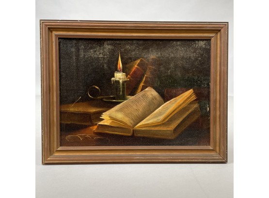 American School. 'Reading By Candlelight.' Oil On Canvas, Nineteenth Century