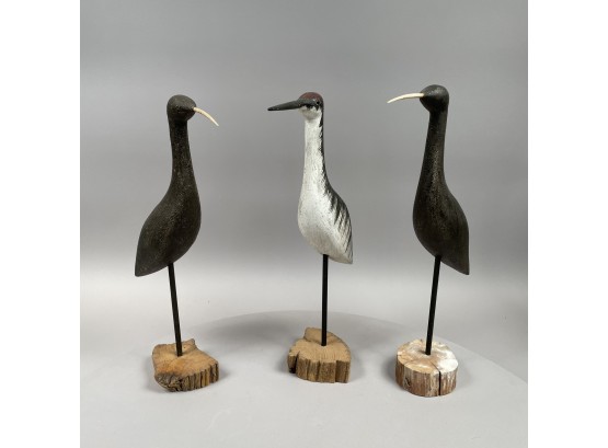 Richard A Morgan, Woodbury, Connecticut. Three Carved & Painted Wood Figures Of Herons & Stilts, 20th Century
