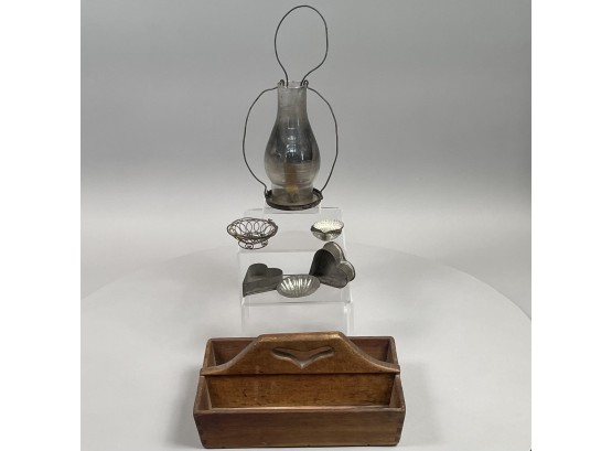 Group Of American Primitive Wood, Glass, Tin And Steel Utilitarian Wares, Nineteenth-Early Twentieth Century