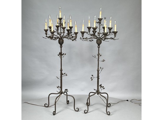 Pair Of Modern Wood And Wrought-Metal Nine-Light Torchieres