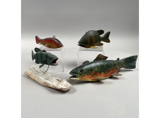 Three Carved And Painted Wood Weighted Decoys, And A Carved Figure Of A Bass By K. Deardorff, 1988
