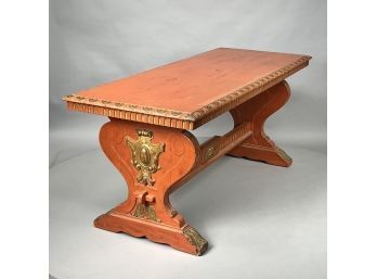 Baroque Style Carved, Painted And Gilt Mahogany Trestle Table In Salmon Paint