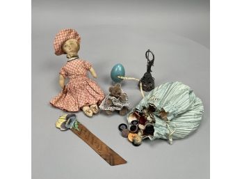 Steiff Miniature Teddy Bear, A Painted Linen Doll, And Additional Decorative Items