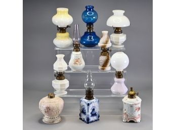 Seven American Porcelain And Glass Miniature Lamps And Three Lamp Bases, First Half Twentieth Century