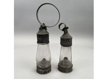 Two Early American Tin And Glass Whale Oil Lanterns, Each With Original Burner, Nineteenth Century