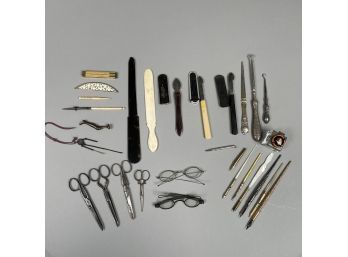 Group Of American And English Siverplate, Steel, Bone And Mother-of-Pearl Wrtiting Instruments