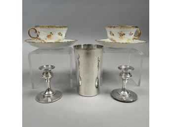 Pair English Sterling Silver Candlesticks, Mexican Sterling Silver Tumbler, Pair Meissen Coffee Cups & Saucers
