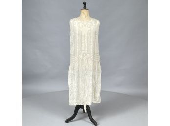 French Antique Art Deco White Sequined Chiffon Flapper Dress, 1920's