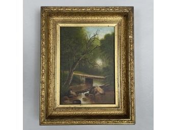 American School. Woodland View With Walking Bridge. Oil On Canvas, Nineteenth Century
