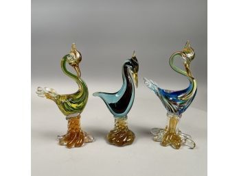 Three Italian Glass Figures Of Birds, Designed By Jack Blanco, Jordan's Importing Co., Murano, 1950's