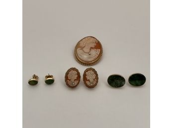 Ladies 14k Yellow Gold Set Cameo Brooch/Pendant And Earrings, Together With Two Pair Hardstone Earrings