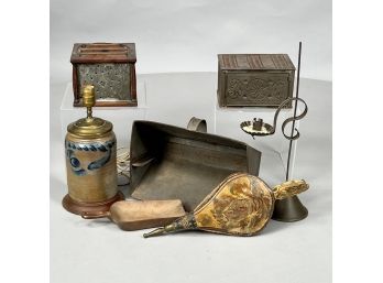Cynthia Smith's Carved Walnut And Tin Foot Warmer, 1819 & Six Household Wares, Nineteenth Century