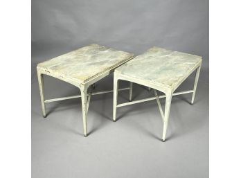 Pair Of Faux Marble Paint Decorated Mid-Century Modern Teak Occasional Tables