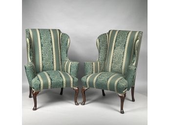 Pair Of Queen Anne Style Upholstered Wingback Chairs